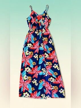 Monteau Navy Dress with Red, Yellow & Turquoise Floral Print size S